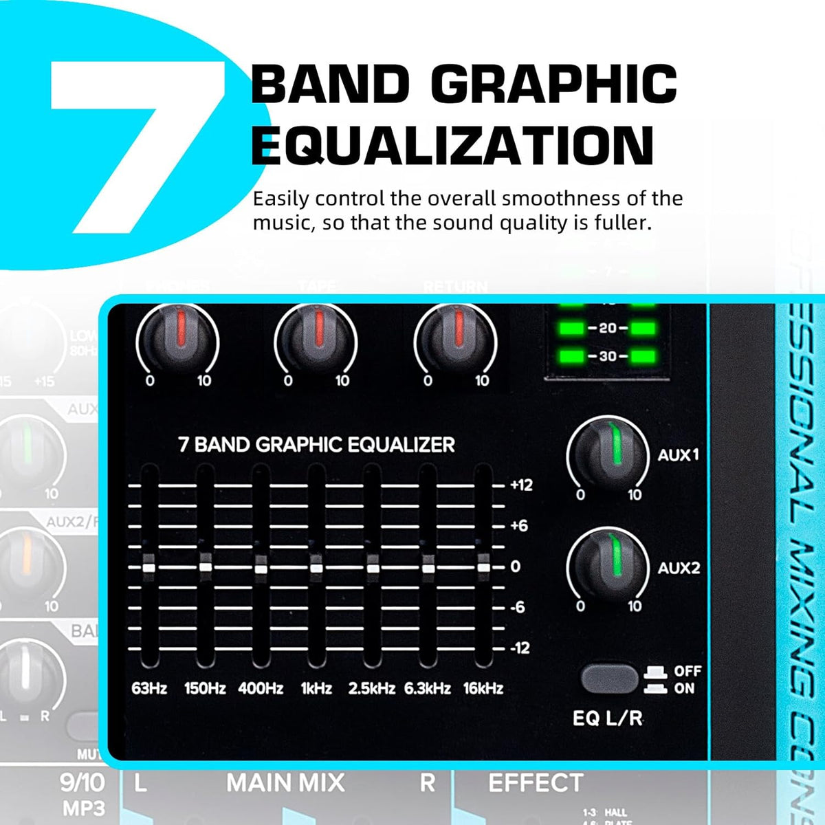 Audiomixer, 10-kanaals professionele stereomixer, 99 DSP Reverb, 7-bands equalizer, USB, 48V fantoomvoeding, One-Click Mute voor DJ, opname, podium (10-kanaals)