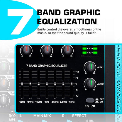 Audiomixer, 10-kanaals professionele stereomixer, 99 DSP Reverb, 7-bands equalizer, USB, 48V fantoomvoeding, One-Click Mute voor DJ, opname, podium (10-kanaals)