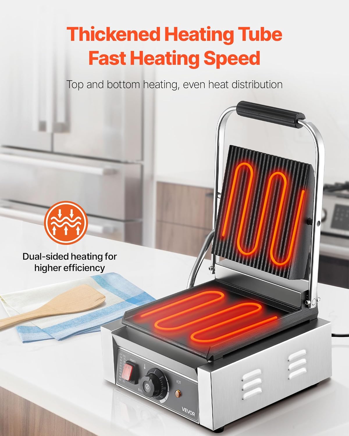 VEVOR Elektrische grill voor Panini 1800 W, sandwichplaat met geëmailleerde plaat, 22 x 23 cm, roestvrij staal, handgreep, temperatuurcontrole, voor hamburgers, steaks