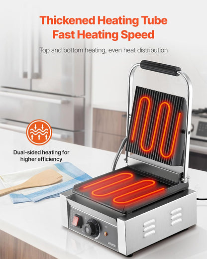 VEVOR Elektrische grill voor Panini 1800 W, sandwichplaat met geëmailleerde plaat, 22 x 23 cm, roestvrij staal, handgreep, temperatuurcontrole, voor hamburgers, steaks