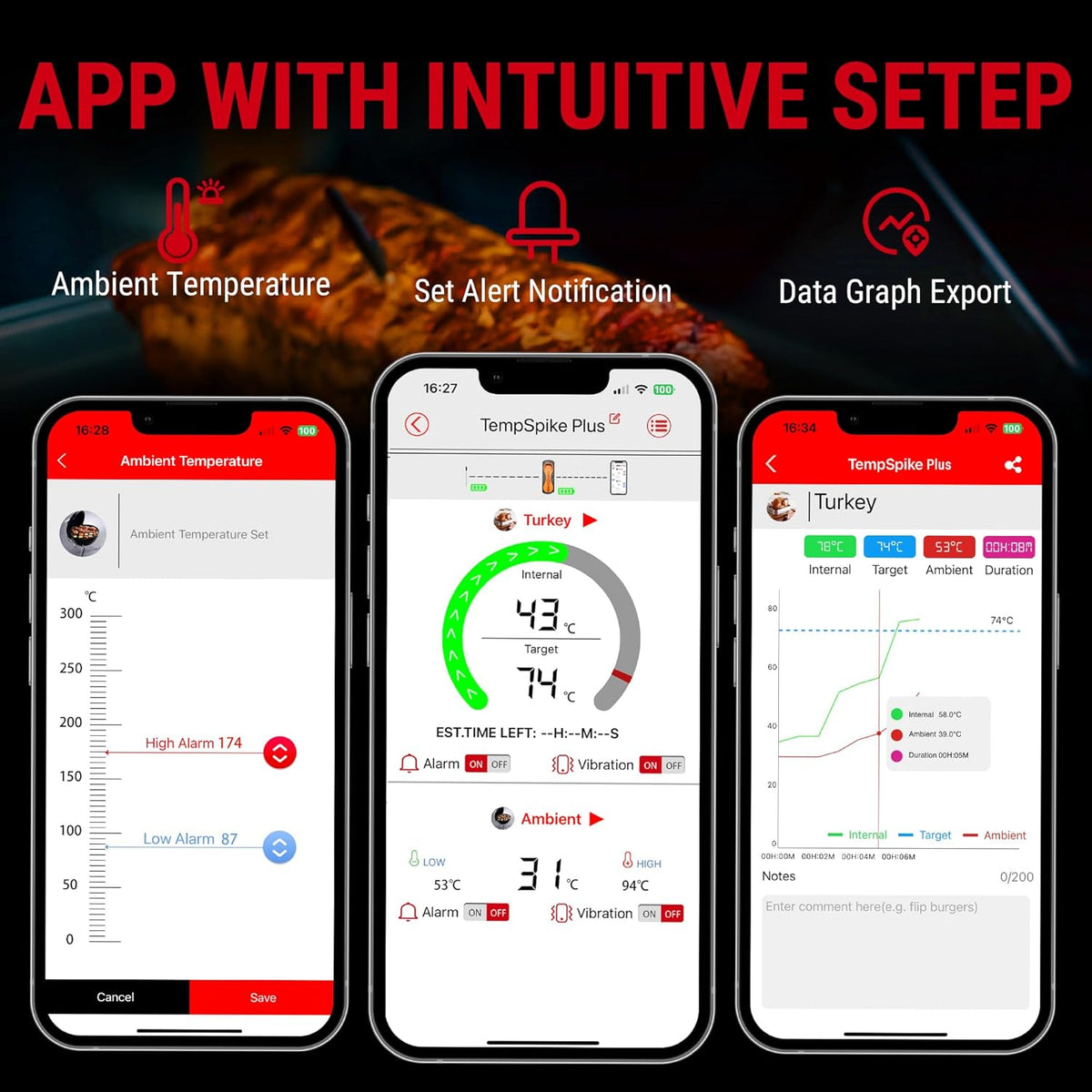 ThermoPro TempSpike Plus Draadloze vleesthermometer met verbeterde ultradunne sonde, 180 m, bluetooth-braadthermometer voor de buitengrill, rookoven, grillthermometer met app voor BBQ en keuken