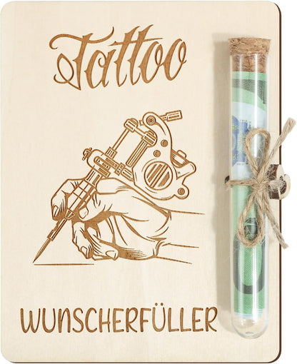 Tattoo cadeau van hout, tattoo, geldcadeau, verpakking met reageerbuisjes, grappig cadeau voor dames en heren, tattoo-liefhebbers, tatoeëerders