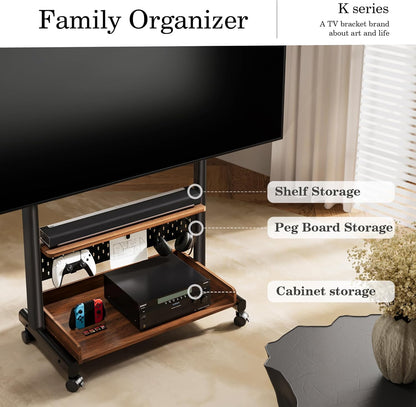 FITUEYES tv standaard verrijdbaar met hout-voet voor 40-85 inch, Hoogte verstelbaar vloer tv stand trolley wheel, universal vloerstandaard op wielen Max VESA 600x400mm houd 60kg