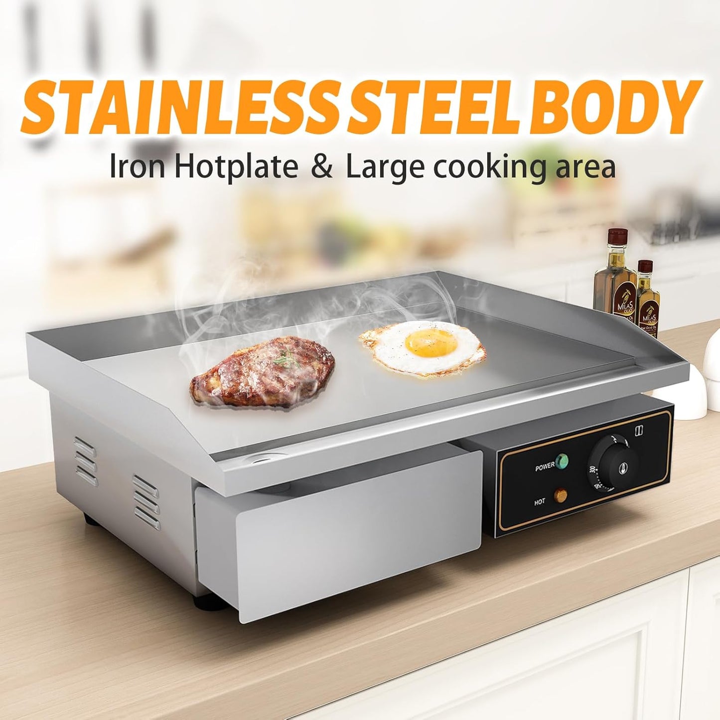 Elektrische grillplaat van gietijzer, 220-240 V, 3000 W, 55 cm × 35,5 cm, thermostaatbediening van 50 tot 300 °C, 18,5 kg spatbescherming, roestvrij staal