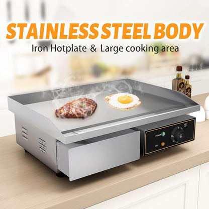 Elektrische grillplaat van gietijzer, 220-240 V, 3000 W, 55 cm × 35,5 cm, thermostaatbediening van 50 tot 300 °C, 18,5 kg spatbescherming, roestvrij staal