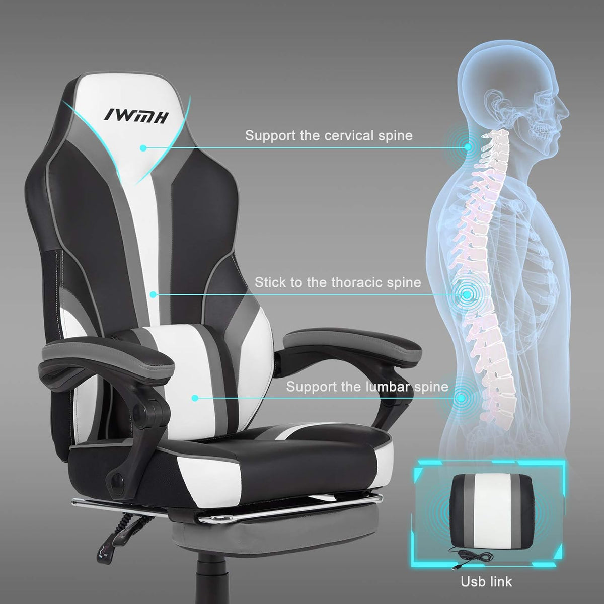 IntimaTe WM Heart Gamingstoel, ergonomische gamingstoel, met hoge rugleuning, bureaustoel met gevoerde zitting, inklapbare voetsteunen, verstelbare armleuningen 49 x 55 x 127(grijs)
