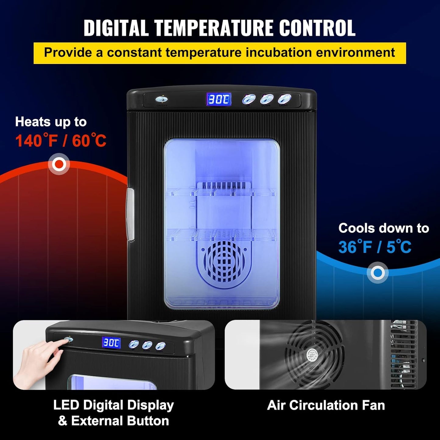 Incubator 5°-60 °C (36-140 °F), 25 l, automatische broedmachine met constante temperatuur voor reptielen of amfibieën