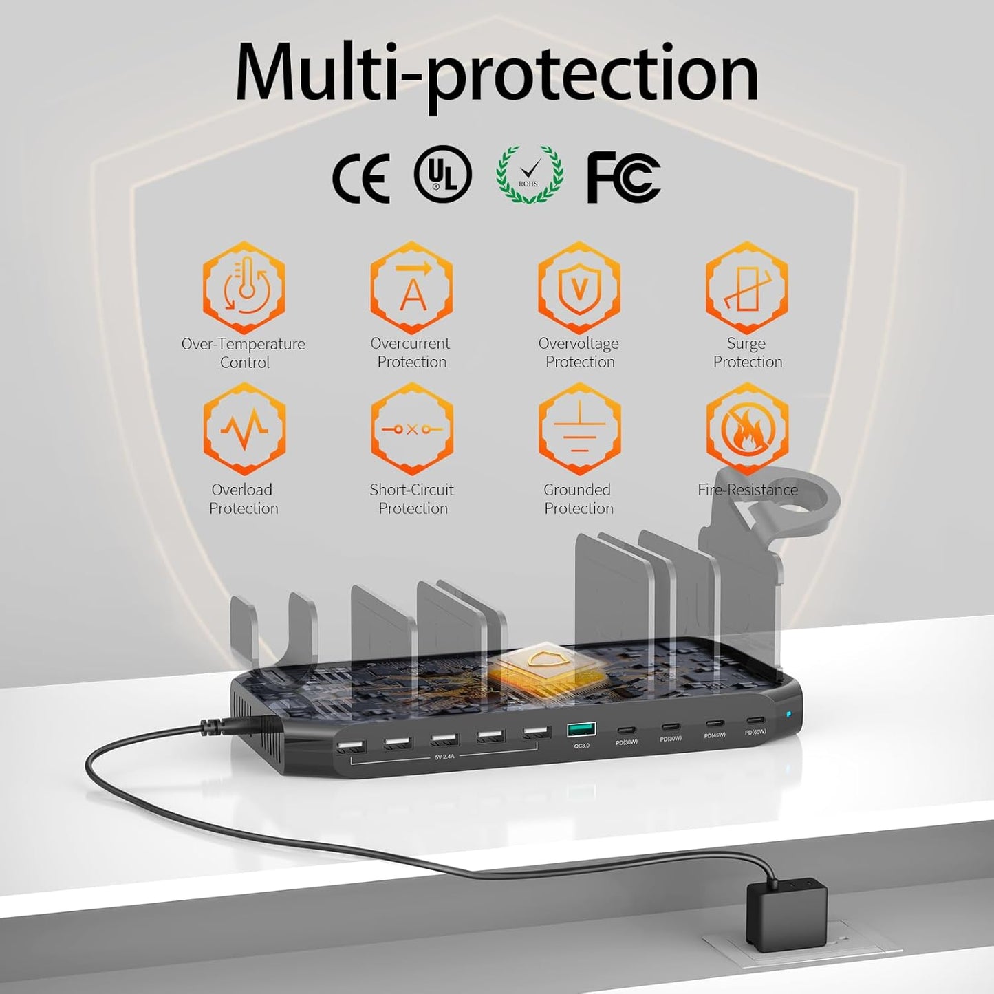 Alxum 140W USB C oplaadstation-10 Port Fast Tablet oplaadstation met QC 3.0 & PD 60W + 45W + 30W, Multi oplaadstation met verstelbare verdelers compatibel voor laptop, iPad, tablet, iwatch