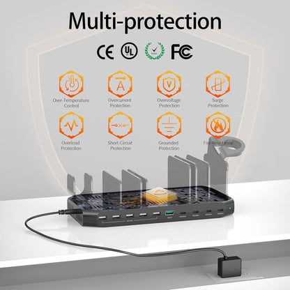 Alxum 140W USB C oplaadstation-10 Port Fast Tablet oplaadstation met QC 3.0 & PD 60W + 45W + 30W, Multi oplaadstation met verstelbare verdelers compatibel voor laptop, iPad, tablet, iwatch