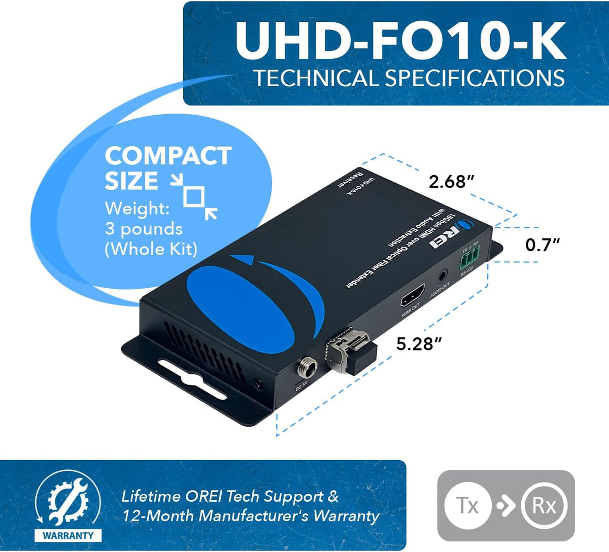 OREI 4K HDMI Over Fiber Optic Extender up to 10Km with Audio Extraction and Bi-Directional IR - RS-232 (UHD-FO10-K)
