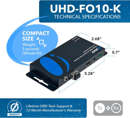 OREI 4K HDMI Over Fiber Optic Extender up to 10Km with Audio Extraction and Bi-Directional IR - RS-232 (UHD-FO10-K)