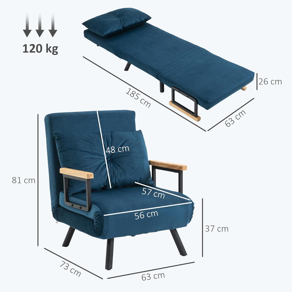 HOMCOM 1-zits slaapstoel, 3-in-1 verwarmingsstoel met 5-voudig verstelbare rugleuning, kussen, gevoerde zitting, fluwelen stof, gastenslaapbank, woonkamer, kantoor, blauw