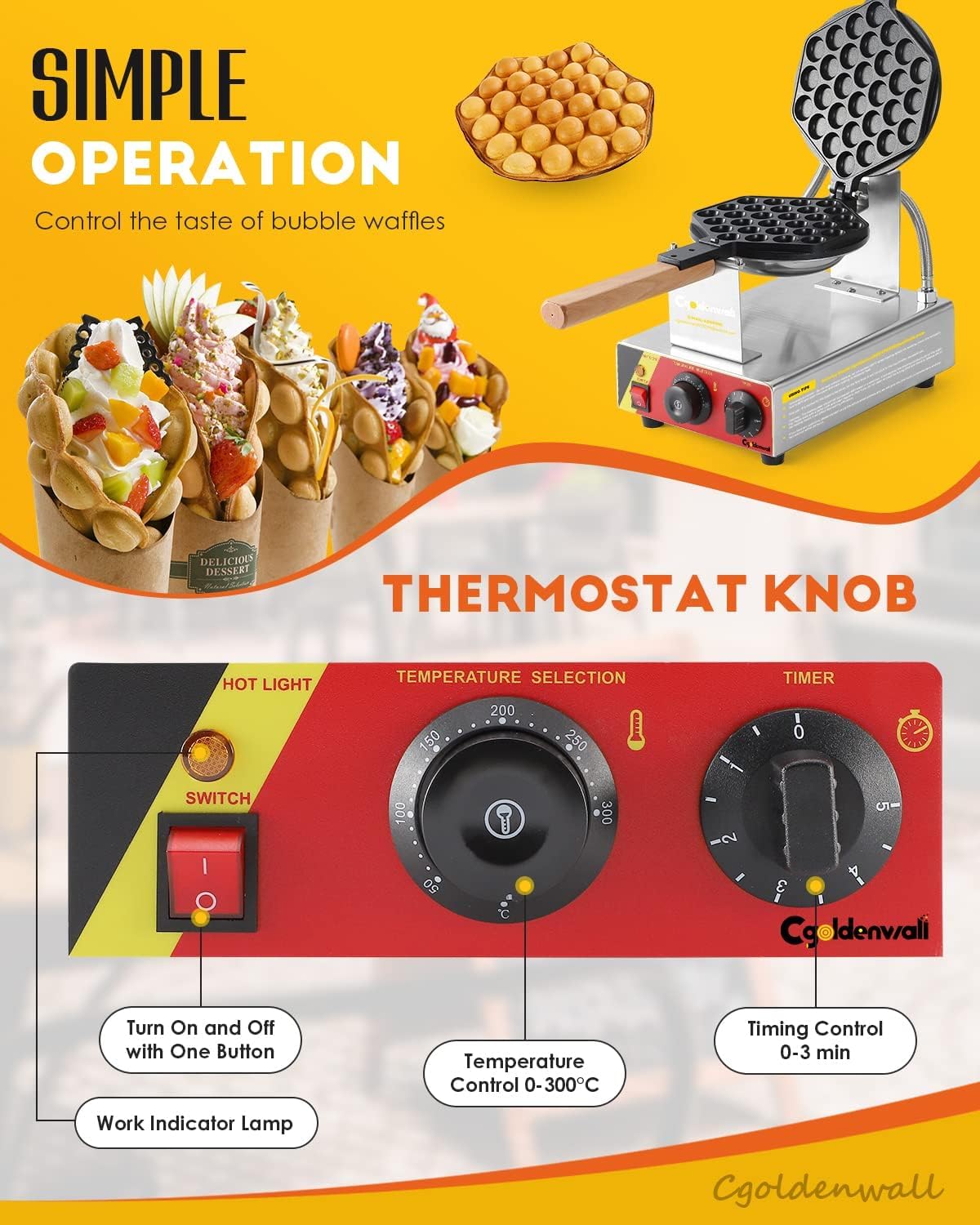 Cgolwall IJzeren wafelmachine, 180 graden draaibaar, anti-aanbak en verwisselbare bakvorm, 0-300 °C, 1500 W, elektrische wafelijzer, 3-5 minuten, uniform bakken