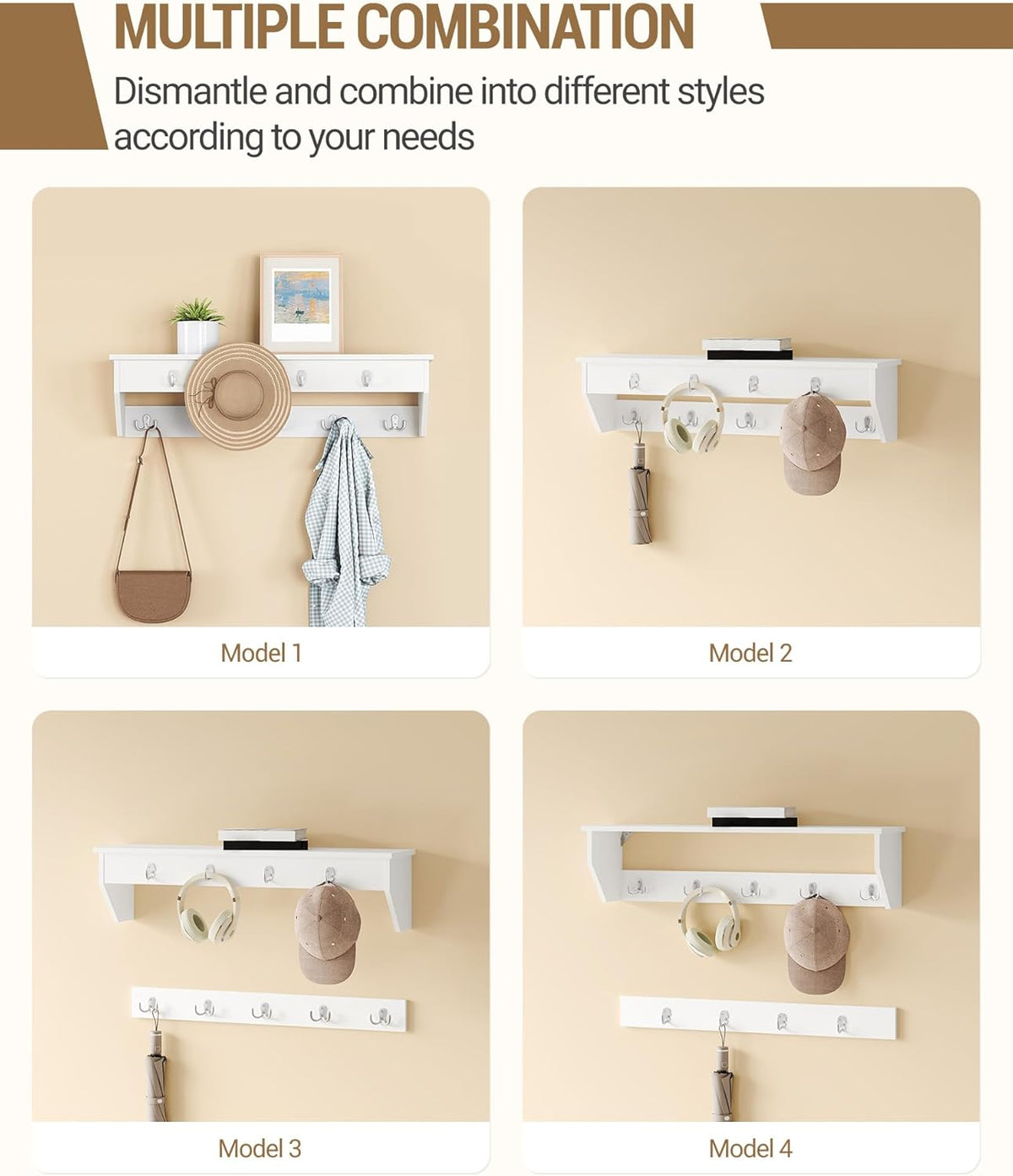 Hzuaneri Wardrobe Shoe Rack Set, Shoe Bench with Cushion, Entrance Bench 30 x 105 x 59 cm, Wall Coat Rack with 9 Hooks Coat Racks with Shelf for Living Room, Bedroom, Entrance, White-Grey, HT56603GY