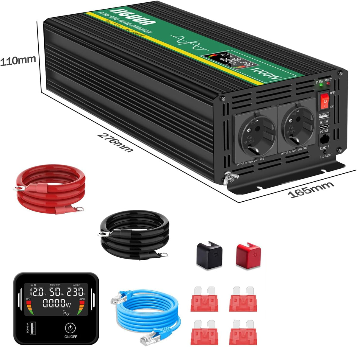 1000W Zuivere Sinus Omvormer – Stroomomzetter – Spanningsomvormer – 12V Naar 230V – Power Inverter – LCD Display – Afstandsbediening – Meervoudige Beveiliging - QUORE