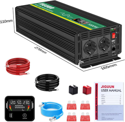 JIGUUN 1000W/2000W omvormer 12v naar 230v zuivere sinus Converter power inverter met afstandsbediening LCD-scherm 2 Eu-stopcontact & 1 USB-poort voor auto, camping, reizen,noodgeval