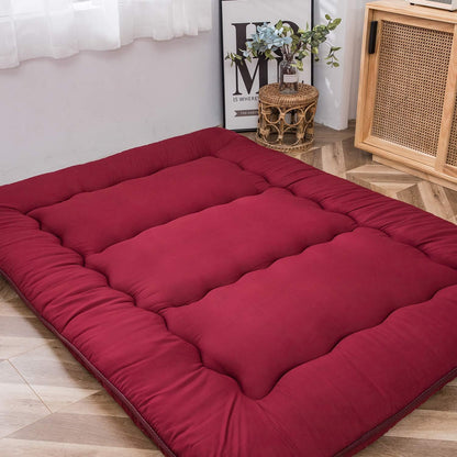 MAXYOYO Japanse futonmatras voor op de vloer, dikker tatami-slaapkussen, opvouwbare oprolbare slaapzaal mat pad vloerligstoel kussen bed (Bourgondië, eenpersoons)