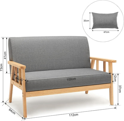 Meerveil Sofa 2 Seater Chair with Cushion, Solid Wood Frame, Linen Vintage Chair for Bedroom, Living Room, Office, 112 x 64 x 73 cm - QUORE