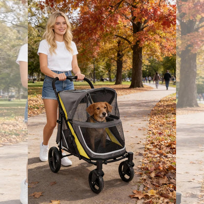 GarveeLife 2-in-1 hondenwagen, hondenbuggy inklapbaar voor grote en middelgrote honden en katten, huisdieren, buggy opvouwbaar met netramen, bekerhouder, verstelbare handgreep en 360° wielen, tot 50