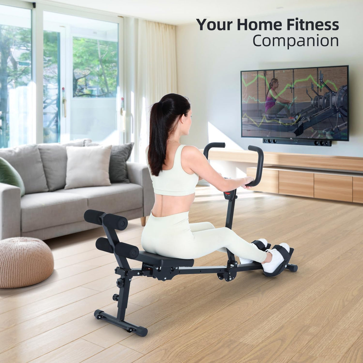 Rowing Machine for Home, Sportneer Hydraulic Rowing Machine Foldable with 12 Resistance Levels, Fitness Device for Home, Abdominal Trainer with U-Handle & Backrest, Maximum Load 135 kg - QUORE