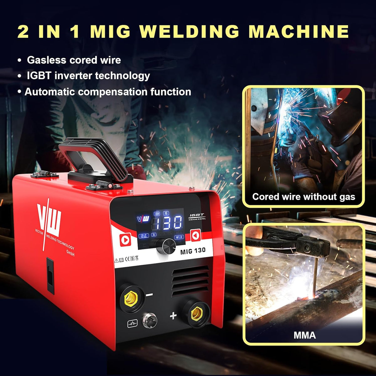 VECTOR WELDING Vuldraad lasapparaat 130 A, MIG MAG lasapparaat voor beginners, IGBT inverter lasapparaat met elektrodenlasfunctie, lasapparaat vuldraad zonder gas