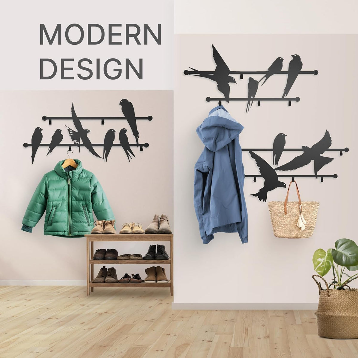 Entree kapstok 3 stuks metalen 2 mm wandontwerp gemonteerde vogels 68 x 106 cm - zwaar belastbare haken voor hal voor kinderen en volwassenen, decoratieve Art Deco ijzeren kledinghouder, slanke