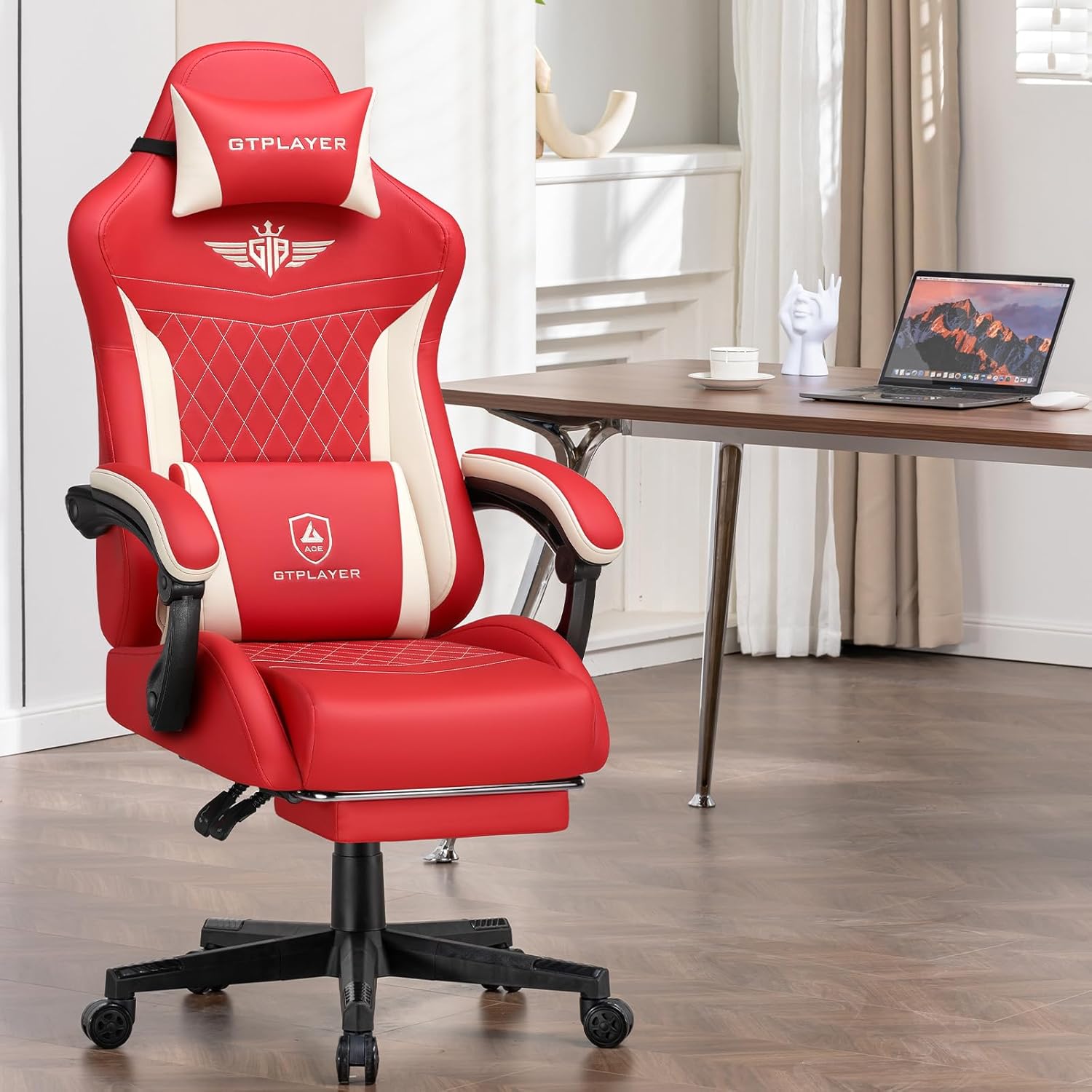 GTPLAYER Ergonomic Faux Leather Gaming Chair with Lumbar Support Computer Chair with Extended Backrest, Supports up to 150 kg, Red - QUORE