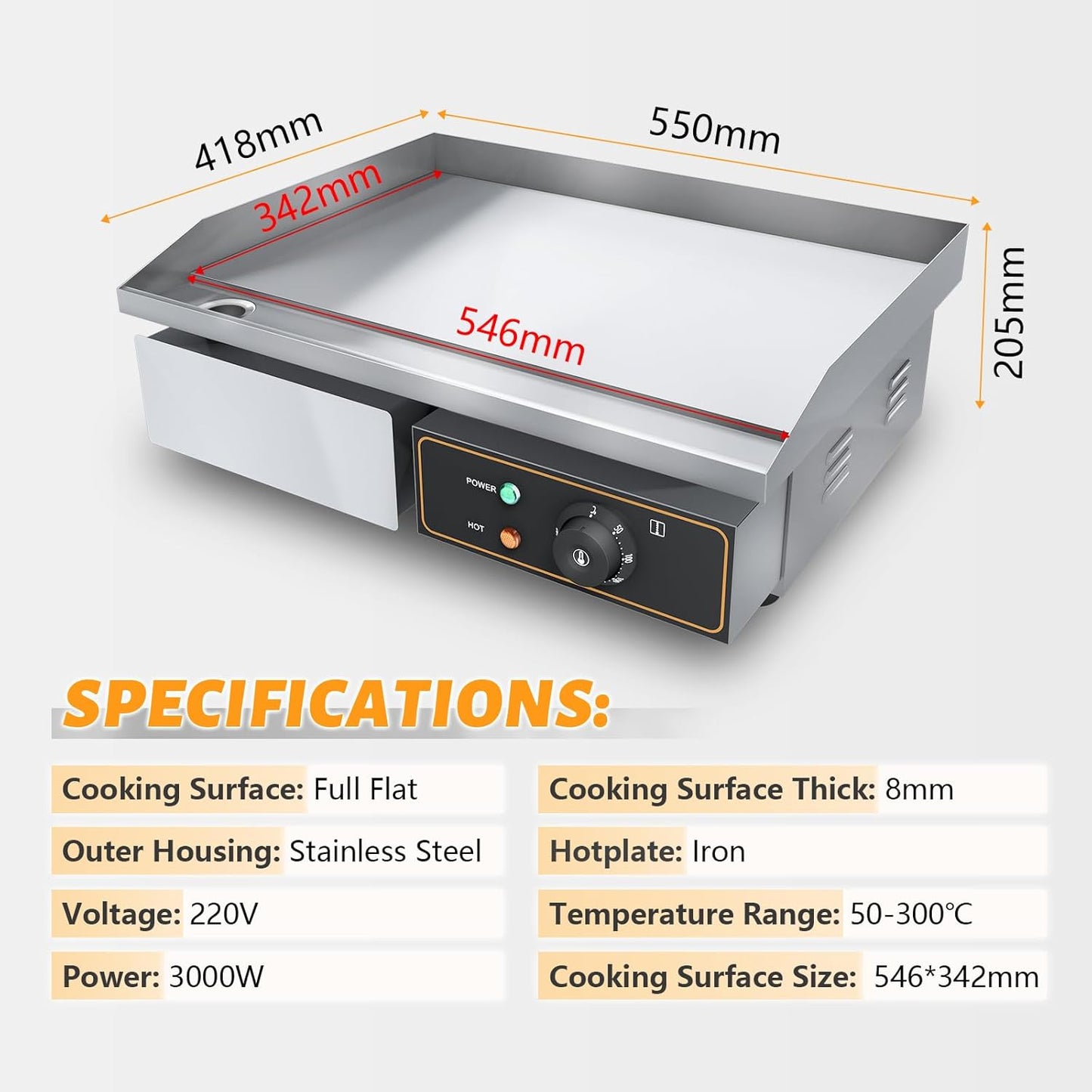 Elektrische grillplaat van gietijzer, 220-240 V, 3000 W, 55 cm × 35,5 cm, thermostaatbediening van 50 tot 300 °C, 18,5 kg spatbescherming, roestvrij staal