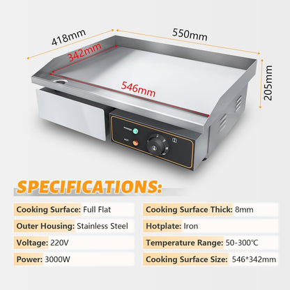 Elektrische grillplaat van gietijzer, 220-240 V, 3000 W, 55 cm × 35,5 cm, thermostaatbediening van 50 tot 300 °C, 18,5 kg spatbescherming, roestvrij staal