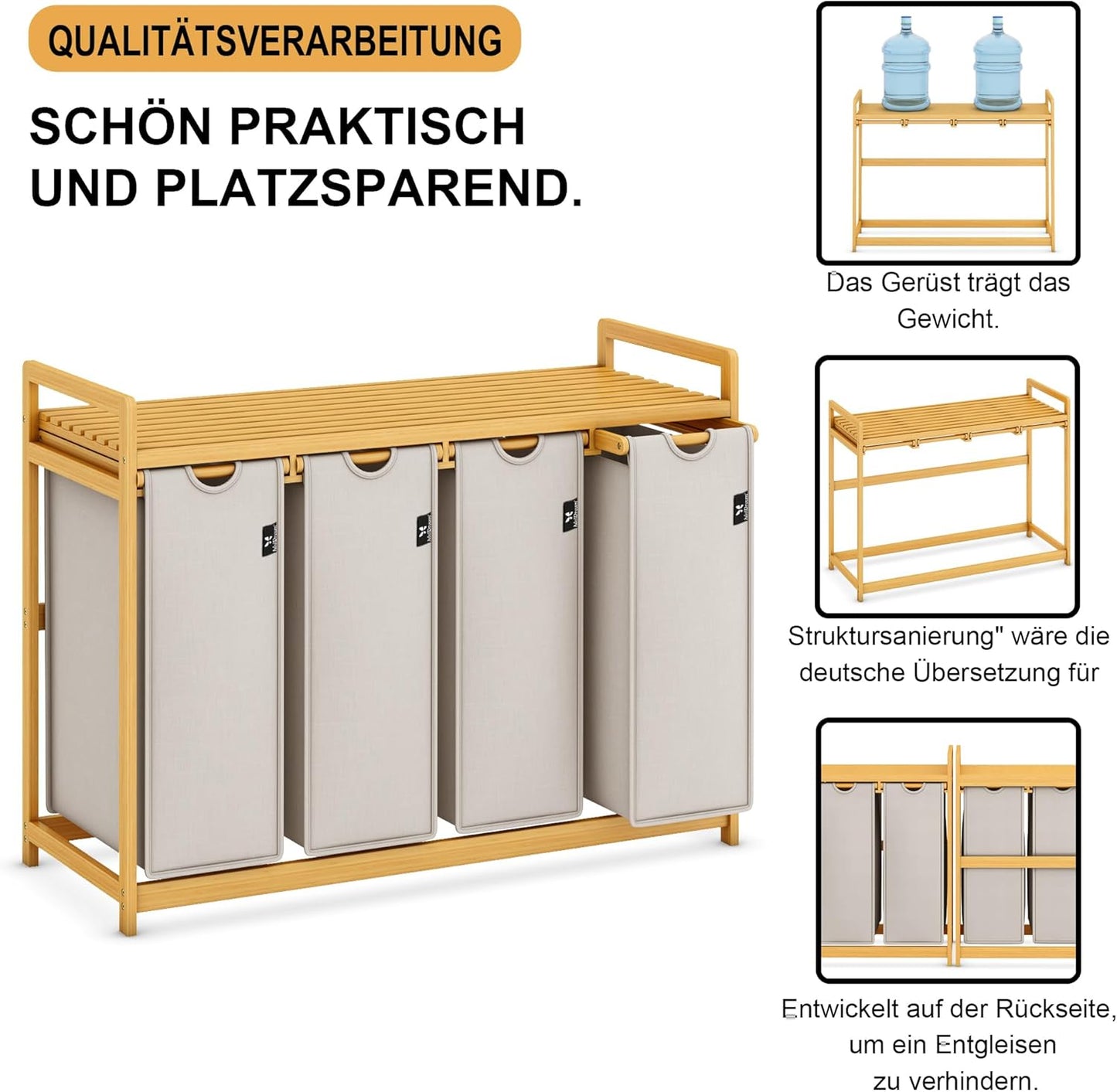 AdealDream Wasmand met bamboeframe 200L 4 vakken uittrekbare en afneembare waszak wasverzamelaar laundry baskets bamboe lichtgrijs-06-19