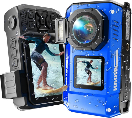 MaxMango 8K 70MP digitale camera 33FT onderwatercamera, 64GB digitale camera om te snorkelen, 18x dubbel scherm, selfies, robuust, stofdicht, schokbestendig, autofocus