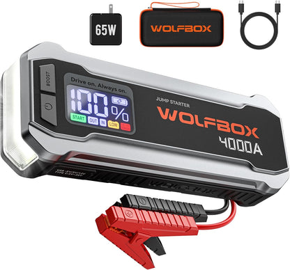 WOLFBOX 4000A Jump Starter Power Pack, 12V auto-accu Booster Jump Starter met 65W snellader, 24000mAh batterij Booster Pack (10L Gas 10L Diesel Motor) met LED-licht, Booster, Jump Leads