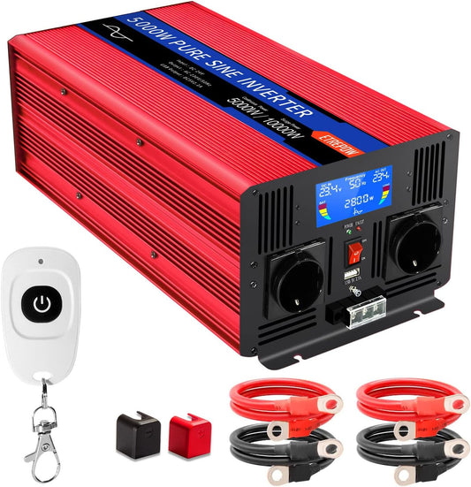 5000w Spanningsomvormer 24v 230v Zuivere Sinusomvormer met 2 EU-aansluitingen en USB, draadloze afstandsbediening, LCD-scherm