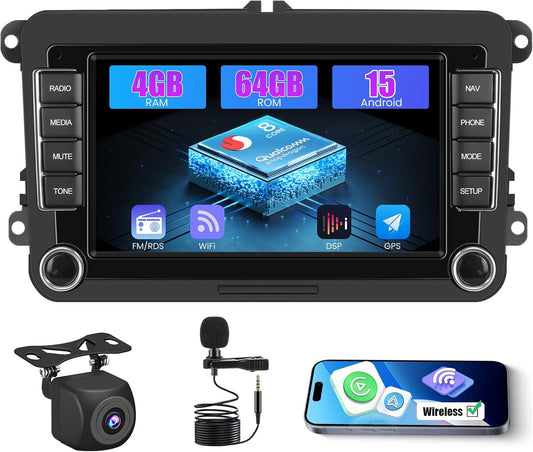 8 Core Qualcomm Android 15 4+64G Radio Pantalla voor VW Golf Skoda Polo Passat Tiguan Touran met Wireless Carplay en Android Auto, 7 inch scherm met Mirror Link Radio FM/RDS GPS WIFI BT