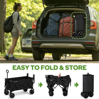 Beau Jardin Opvouwbare strandwagen, met wielen, opvouwbaar, met intrekbare handgreep, voor elk terrein, transport, draaibare voorwielen, capaciteit voor kamperen, buiten en picknick, zwart