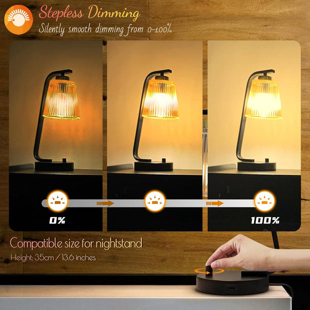 Tafellamp - Tafellampen - 2 Stuks - Bedlampje - Vintage Stijl - Nachttafellamp - met Traploos Dimbaar - USB-Poort - 5V&2A -  Industrieel Bureaulamp - Amberkleurige Lampenkap - voor Slaapkamer - Woonkamer - Lezen Kantoor - IJzer - 14 x 34.5 cm - Zwart