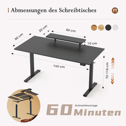 Klicelor In hoogte verstelbaar bureau met beweegbare monitorstandaard, 160x80cm, Zit-Sta bureaux met 2 geheugenknoppen, 4-delige tafelblad, Computertafel, Zwart