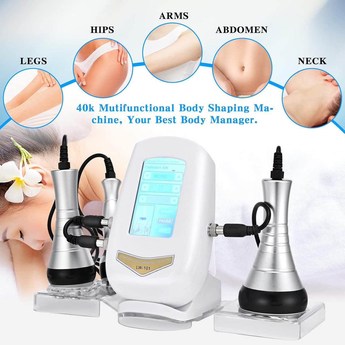 40K Afslankend Lichaam Machine – 3-In-1 Cavitatieapparaat – Ultrasoon Massageapparaat – RF Radiofrequentie Apparaat – Huidverstevigingsapparaat – 40K Ultrasone Technologie – 3 Opzetstukken En 4 Standen