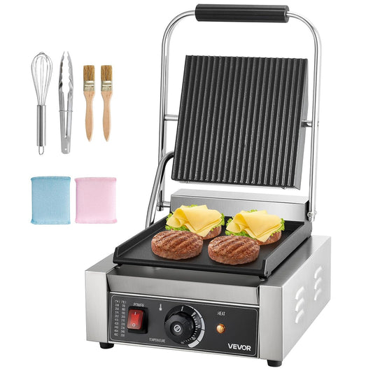 VEVOR Elektrische grill voor Panini 1800 W, sandwichplaat met geëmailleerde plaat, 22 x 23 cm, roestvrij staal, handgreep, temperatuurcontrole, voor hamburgers, steaks