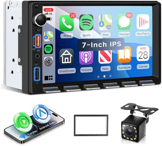 Autoradio, 2 Din pianotoetsen met draadloze Carplay Android auto, 7 inch IPS HD touchscreen, autoradio, ondersteuning bluetooth, FM-radio, USB/type-C, spiegellink, achteruitrijcamera