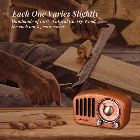 Draagbare Radio - Retro Radio - met FM - MP3-speler - via SD - Bluetooth - AUX - 270° Wijzerplaat - Battery-Aangedreven - 10.6 x 5 x 6.8 cm - Klassiek Kersenhout