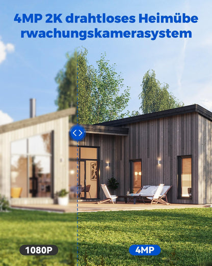 CAMCAMP 4MP draadloze bewakingscamera op zonne-energie, voor buiten, wifi, draagbaar, 7 inch scherm met accu, 4 x 2K camera, 360 graden PTZ, nachtzicht, 2-weg gesprek, bewegingsdetectie, 64 GB kaart,