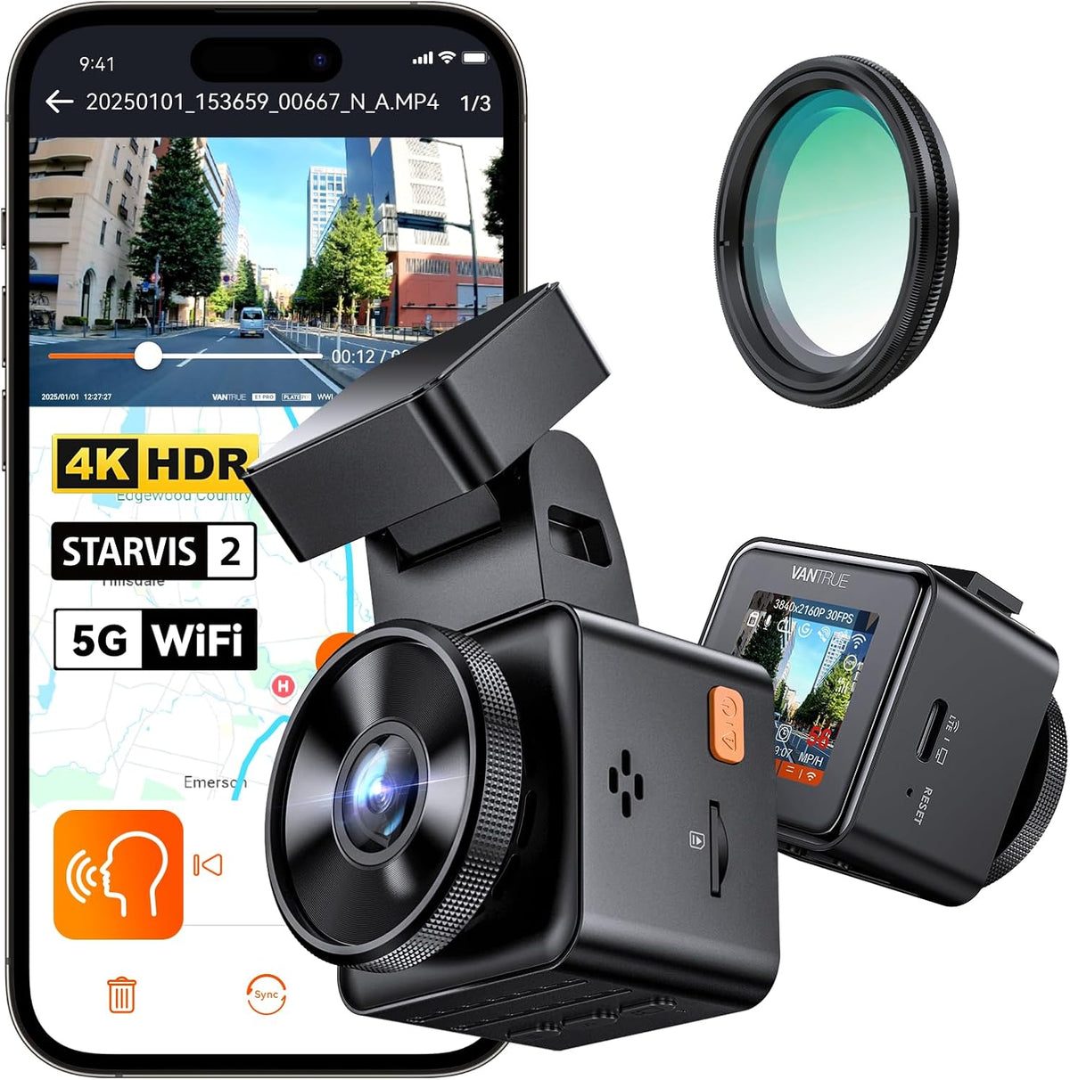 VANTRUE E1 Pro 4K Mini Dash Cam Voorkant, STARVIS 2 Plate Pix™ HDR Nachtzicht Autocamera, Ingebouwde 5G WiFi GPS, 1,54'' scherm, LTE-ondersteuning, Spraakbesturing, 24H Gebufferde Parkeermodus, On