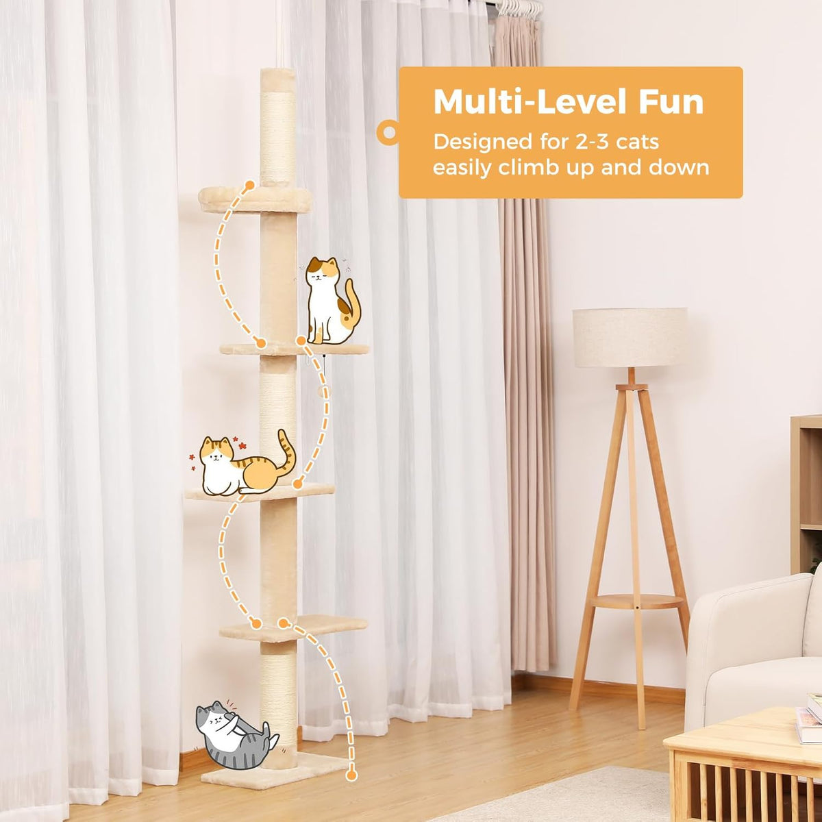 Kattenboom – Krabpaal – Klimpaal – Kattenmeubel – Kattenklimtoren – Verstelbare Hoogte 95-107 inch – Stevig Sisal & Luxe Pluche Platforms