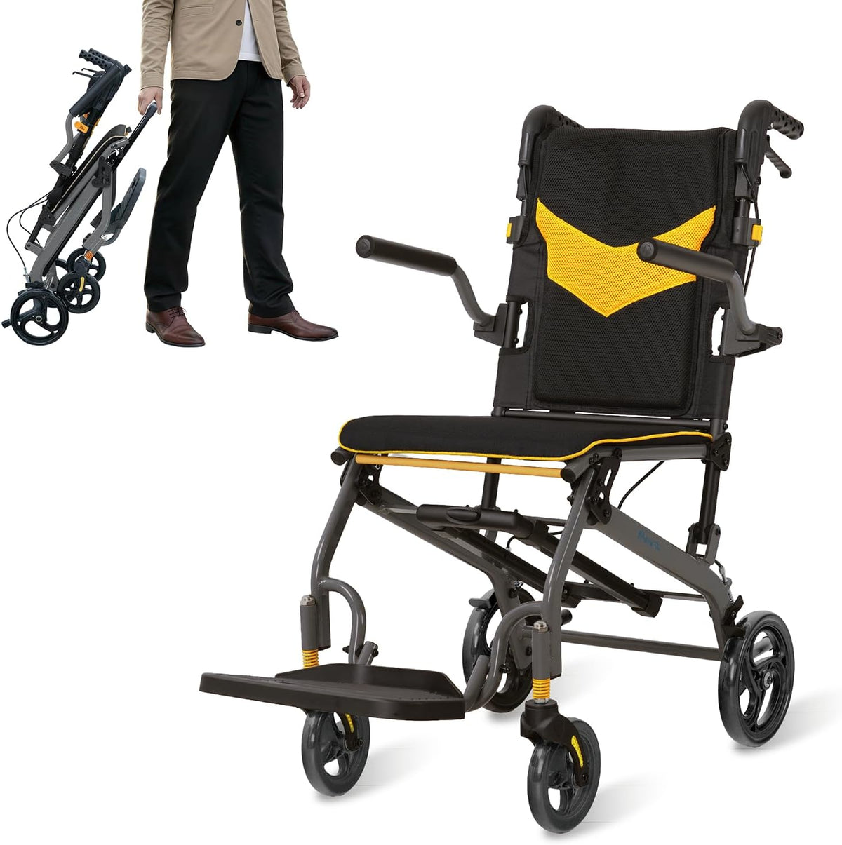 Rolstoel, opvouwbaar, licht, aluminium, inklapbaar, transport, rolstoelen, smalle rolstoel, ergonomisch design, compact voor reizen en woning, belastbaarheid 100 kg (Geel)