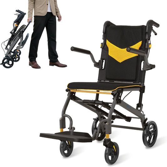Rolstoel, opvouwbaar, licht, aluminium, inklapbaar, transport, rolstoelen, smalle rolstoel, ergonomisch design, compact voor reizen en woning, belastbaarheid 100 kg (Geel)