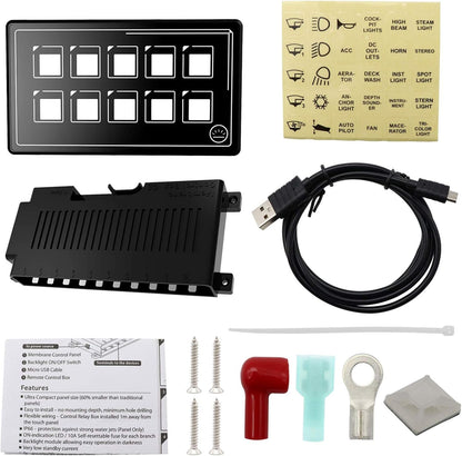 KIMISS Toutch-schakelpaneel, 10P-membraanbediening Schakelpaneel Bluetooth APP-bediening met Achtergrondverlichtingsmodule LED-aanraking Ingebouwde PPTC voor RV-boot