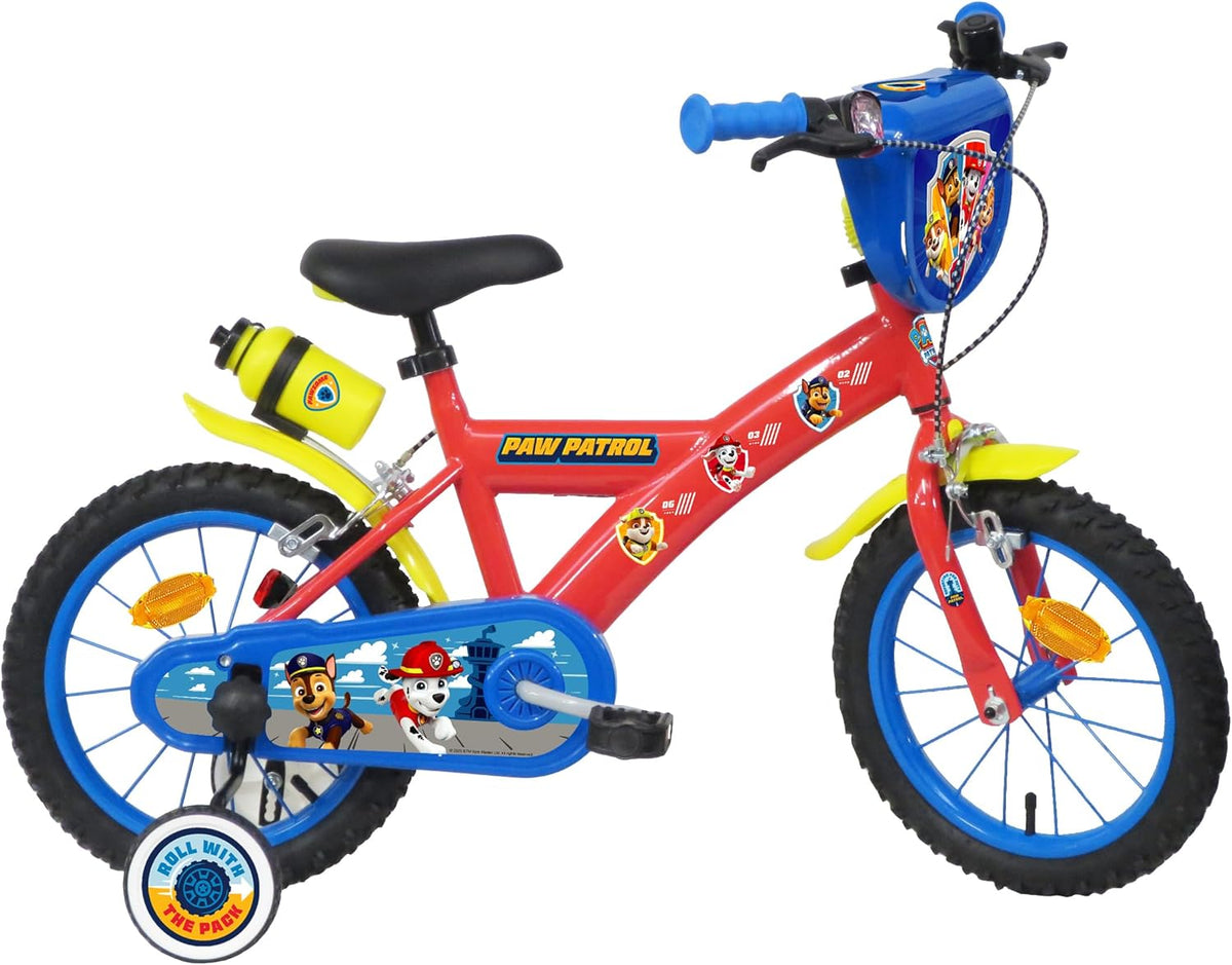 Paw Patrol kinderfiets, 14 inch, uitgerust met 2 remmen, decoratieve voorplaat, achterjerrycan en Paw Patrol-helm inbegrepen voor jongens, rood, 14