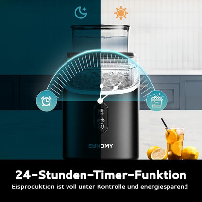 EUHOMY IJsblokjesmachine voor op het werkblad, 15 kg ijsmachine, ijsmachine, 2 liter ijsblokjesmachines, 16 ijsblokjes in 13 minuten, zelfreinigende ijsblokjesmaker voor thuis/keuken/kantoor, zwart