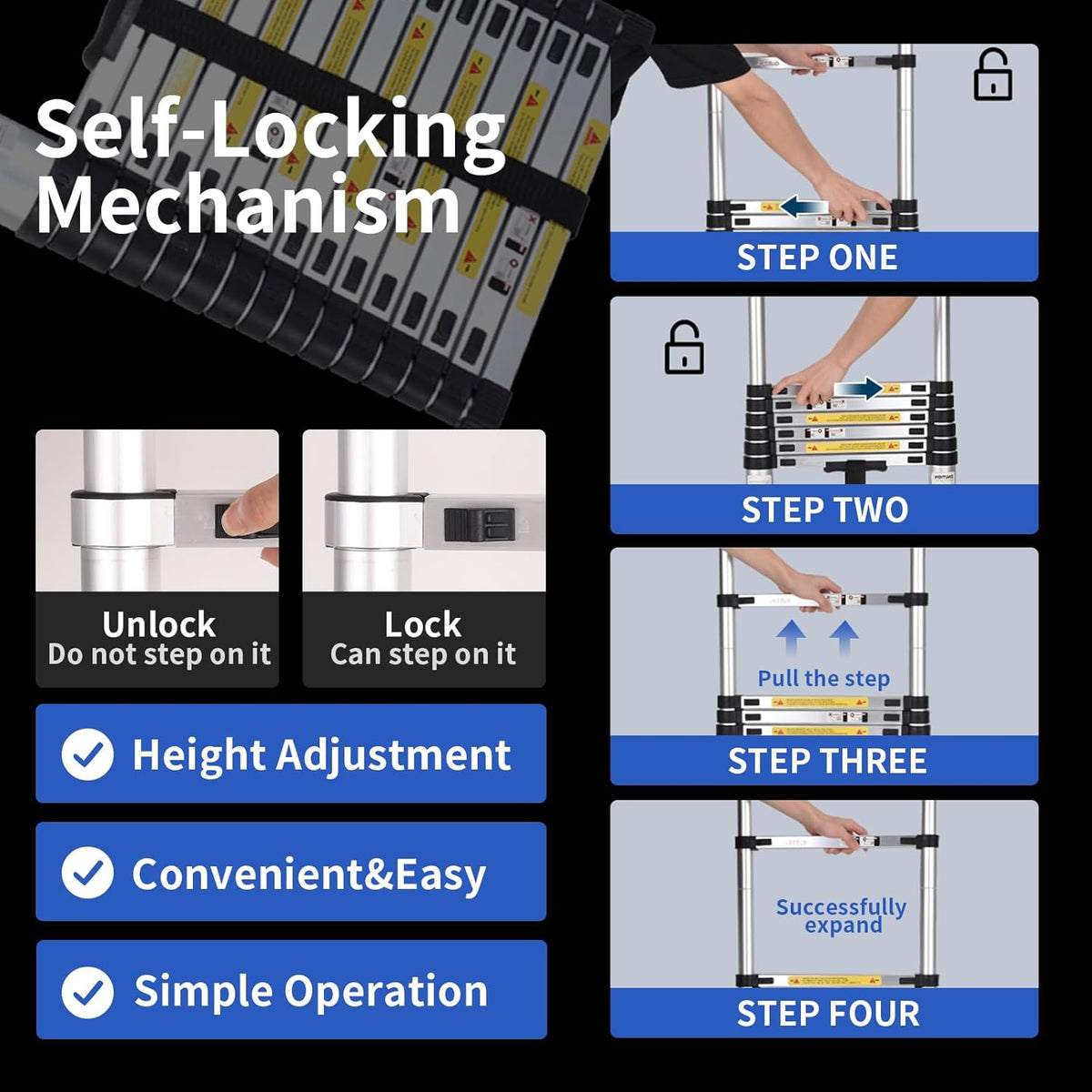 JADDUO Telescopische ladder, 5,0 m, uittrekbare treden, aluminium uittrekbare ladder, voor doe-het-zelvers, inklapbaar, uniek, rechts, multifunctionele ladder, draagkracht 150 kg, trapafstand 30 cm